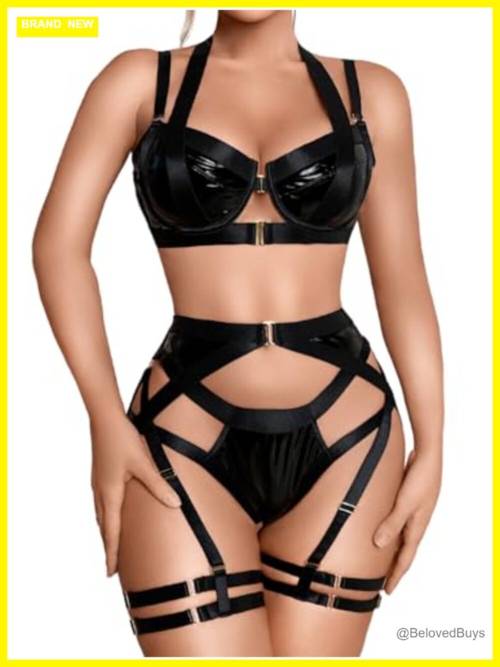 Strappy Harness Lingerie Set - Underwire Racerback Bra, Thong & Garter Belt,